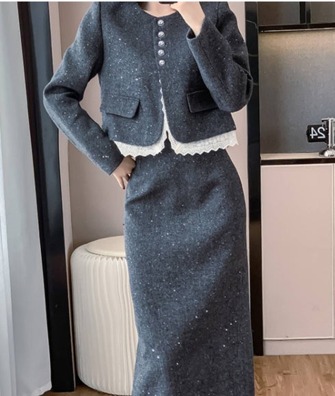 Winter Tweed Lacey Border Blazer With Mid-Length Skirts